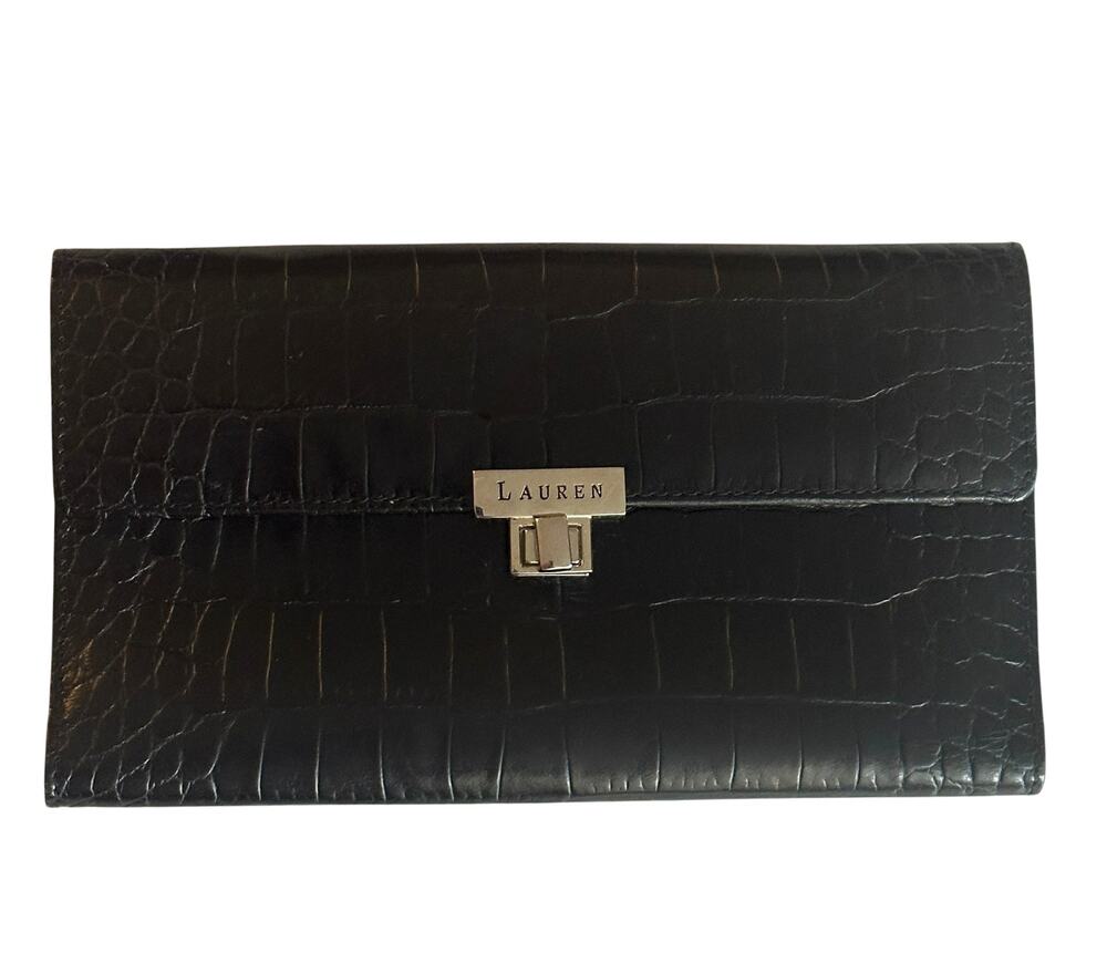Lauren Ralph Lauren Wallet Black Croc Embossed Leather Turnlock Quiet Luxury